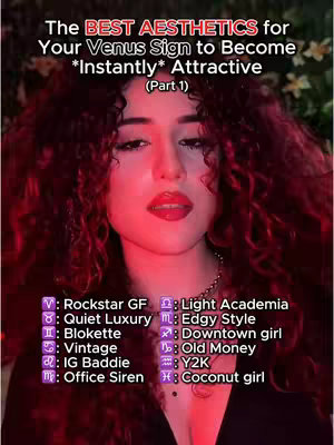 A selfie of a young woman with curly dark hair and red lipstick. Text overlays are present around the image, listing various aesthetic styles.