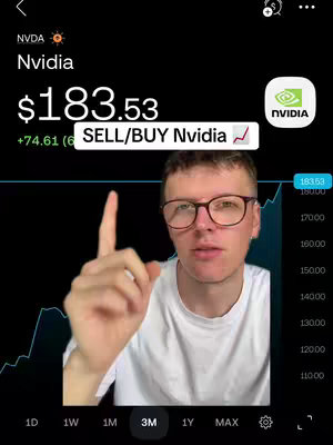 A man with glasses is pointing a finger upward while looking at the camera with stock market information displayed behind him. Text overlays include the stock's trading price and a call to action.