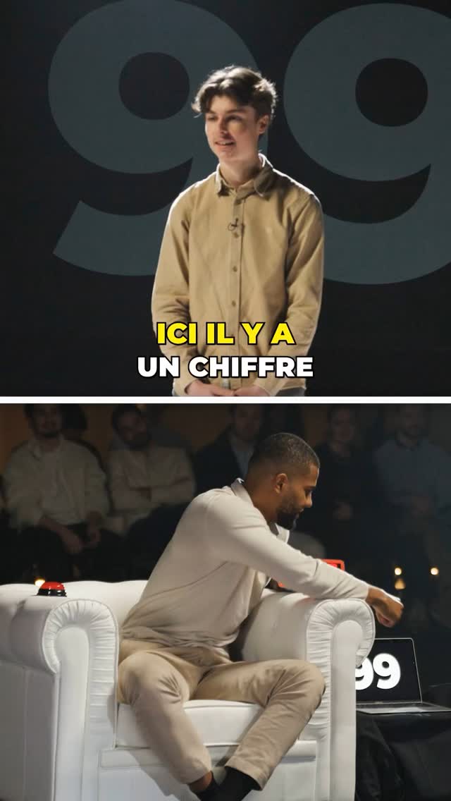 The cover image is split into two sections. The top section shows a young person smiling with a microphone in front of a dark backdrop. The background has a large "99" displayed. The bottom section shows a man sitting in a white armchair, looking at a laptop, and there are people blurred in the background. Above the armchair is placed a large "99" counter next to a black laptop. An added text overlay is placed in the middle, between the two images.  