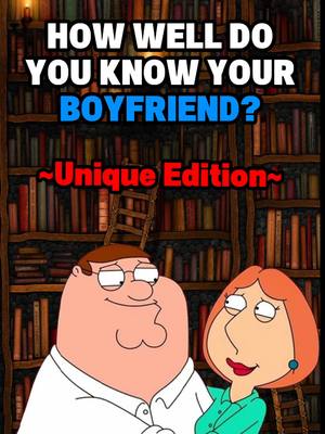 The cover image features an animated scene with Peter Griffin and Lois Griffin from the TV show Family Guy, set against a backdrop of a library or study filled with bookshelves. Large text overlays the scene, framing the image as a quiz or game about relationships.