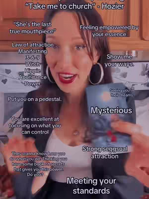 A woman is featured, smiling, with a card in her hand, surrounded by overlaid text. Her background is a blurred interior space with warm lighting.