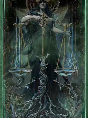 The cover image is an illustration depicting a figure standing with a balance scale, likely representing the Libra zodiac sign. The figure is an ethereal woman with long dark hair and a flowing dark dress. She is holding a golden balance. The background is a moody, dark green and teal, with leafy, organic structures that seems to be supporting the balance. The overall aesthetic is mystical and stylized.
