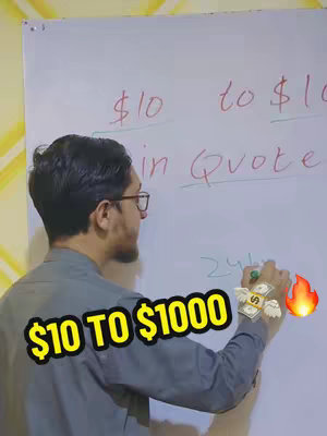 A man in a gray shirt is standing in front of a whiteboard. The whiteboard has some text written on it, including the numbers 10 and 1000, and the hook text overlayed reads "$10 TO $1000." Next to them are emoji of money flying and a fire emoji.