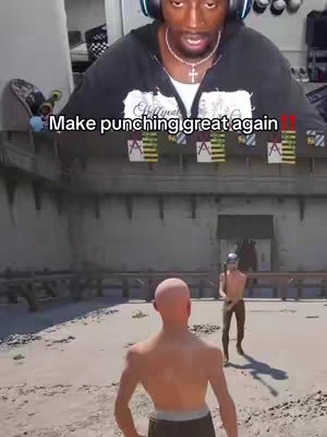 The cover image shows a split scene. Above, a black man wearing headphones is looking at the camera with an open mouth in a reaction or expression. Below, a third-person perspective of a video game shows two bald, shirtless figures in an outdoor setting. One is facing away from the camera, and the other is walking toward the other with their arm raised. The background includes a cityscape. Text near the top says Make punching great again!!
