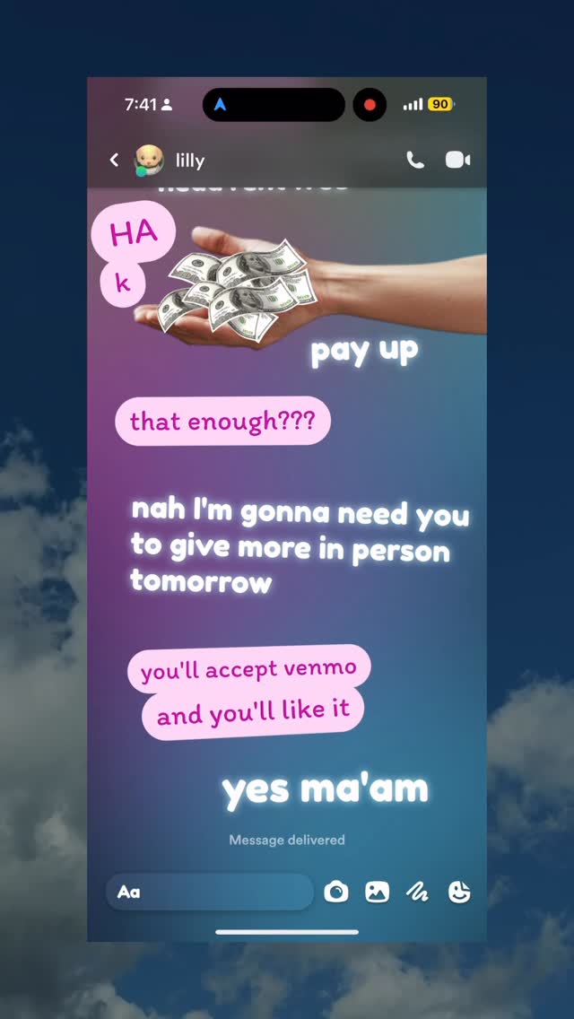 A phone screen displays a mock chat conversation against a blurred background of a sky with fluffy clouds. The text messages are styled with a colorful theme, and include a picture of a hand with money in it.