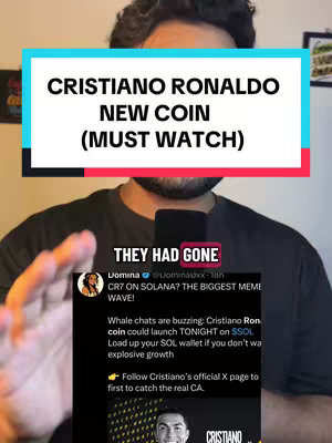 The cover image is a vertical shot featuring a man positioned from the chest up, centered in the frame. He is holding the phone in a selfie-style, focusing on both himself and a digital image within the frame. The background is blurred, providing context to his surroundings. Overlayed at the top is a rectangular bar with text stating 'CRISTIANO RONALDO NEW COIN (MUST WATCH)'. Below this, is a screenshot of a tweet, partially visible, promoting a new coin and mentioning details such as 'CR7 ON SOLANA? THE BIGGEST MEME WAVE!'. The man's expression suggests engagement or excitement in the video.