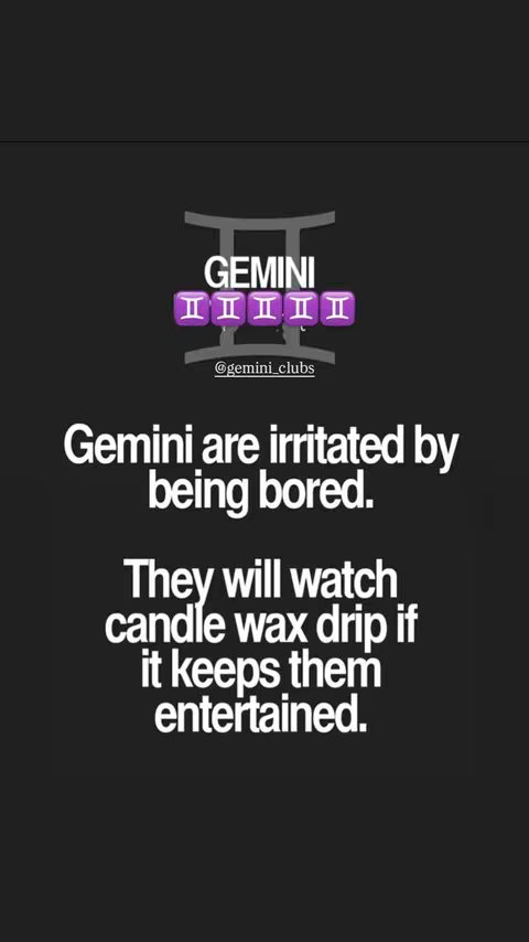 A graphic with a black background. At the top, there are stylized elements associated with the Gemini zodiac sign. Below this, white text provides a statement about Geminis, with more supporting text.