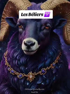 A digitally enhanced image features a ram's head in close-up, set against a starry, gradient background of dark blues and purples. The ram's fur is depicted in rich, detailed textures with a dark purple color. A golden, ornate necklace is draped around its neck. Over the head is a white banner containing the French text 'Les Béliers' and a purple symbol. The overall composition is fantastical with a celestial feel. At the bottom of the image, the text of a website can be seen in light font.