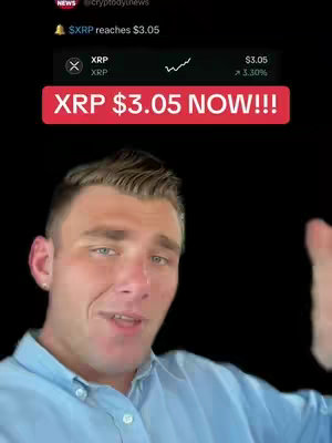 A man with short brown hair and fair skin is in front of a black background. Overlayed on the background is a screenshot showing the price of XRP (Ripple cryptocurrency) is $3.05, along with a headline that read, "XRP $3.05 NOW!!!"