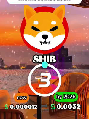 The cover image is a digitally created graphic, featuring a Shiba Inu dog illustration in the center, enclosed within a red circular border. On top of that, there's text that reads 'MOMENTUMBLOCK' , with the dog's face as the logo. Below the dog is the text 'SHIB', in capital letters and a circle. There is a light teal dot and a number 3 inside the circle. Below, the price of 'SHIB' is listed, with the current price of $0.000012 on the left side and the potential price in 2026 of $0.0032 on the right side. The background is a blurred, stylized image of a cityscape at sunset with what appears to be snow, and the scene features furniture. The color scheme is warm, with orange, red, and beige hues dominating.