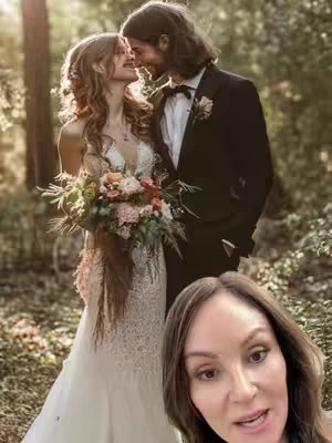 A woman's face is placed in the lower-right corner of the image, looking up with a slightly open mouth. Above, a couple is embracing in a natural setting. The man wears a black suit, while the woman wears a white wedding dress and holds a bouquet. Framing the couple, trees add depth.