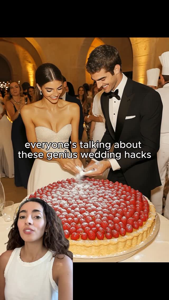 The image features a woman and a man at a wedding reception. The man, in a black tuxedo, is pouring powdered sugar over a large cake adorned with strawberries, while the bride smiles. In the foreground, a woman is speaking while looking into the camera. The background includes additional wedding guests and architectural details.