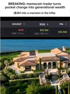 A collage showcasing a real estate image of a large mansion with bright green grass. Overlayed is a black screen with key data in white text. The textual part of the image is about the trader's pocket change turned into generational wealth.