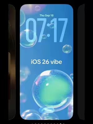 The cover image showcases a smartphone screen with a custom iOS 26 theme. It's centered in the frame, set against a blended blue background. Overlaid are translucent bubbles of varying sizes, a digital clock display, and the text phrase. The background has subtle lighting effects, and has a polished, stylized appearance.