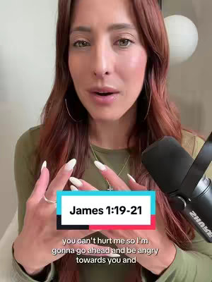 A woman with long reddish-brown hair and a green top is the central focus. Her hands are up as she talks. Below her, a rectangular shape with text reading, 'James 1:19-21' adds a hook. A microphone is visible partially to the right. The background is a soft, out-of-focus neutral tone.