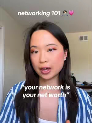 A young woman with long dark hair is centered in the frame, her gaze directed towards the camera. She's wearing a blue and white striped shirt, with a soft pink blush, light-colored eye makeup, and a nude lipstick. Above her, the text "networking 101" is written in white, with a tiny stick figure icon of a person with briefcase and a pink heart. Below the woman, the text ""your network is your net worth"" is placed.