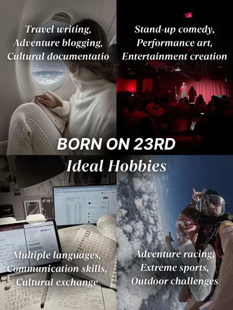 The image is a split screen composed of four quadrants. The top left shows a person looking out a plane window. The top right features a stage with a performer and audience. The bottom left shows a desk with a laptop, tablet, and open book. The bottom right shows a person skydiving. Text overlays in each quadrant describes different hobbies and interests.