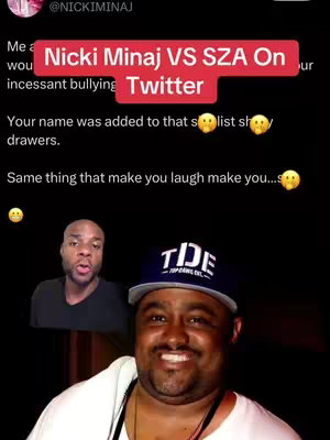 The cover image shows a split-screen: on top, a screenshot of a Twitter post with text about Nicki Minaj and SZA, overlayed with the title "Nicki Minaj VS SZA On Twitter". Below, two men are featured, one with a concerned face overlayed on a background and the other wearing a "TIDE" cap, smiling.
