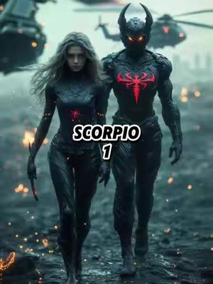 The image shows two figures with a dystopian appearance walking side by side against the backdrop of a blurred, post-apocalyptic setting. On the left is a woman with flowing, pale hair and a dark, form-fitting outfit. Beside her, a figure of a demon in what appears to be armor with horned headgear and a red symbol on its chest. The text overlay reads "SCORPIO" with the number "1" below it, indicating a ranking.