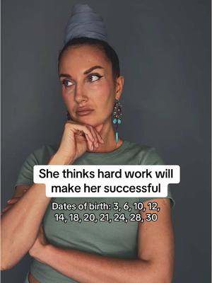 A woman with dark hair styled in a bun is looking thoughtfully off to the left. She's wearing a green shirt and large tassel earrings. Overlaid on the image are two text boxes with white backgrounds, stating "She thinks hard work will make her successful" and a list of dates.