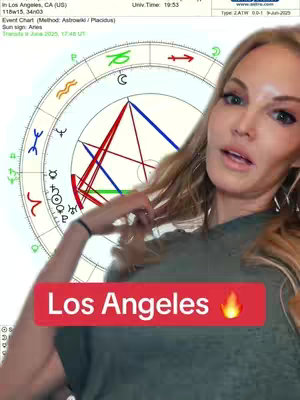 A woman in front of an astrology chart. A red bar at the bottom contains text.