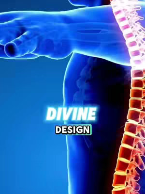 A stylized medical illustration of a human body from the side, showing the torso and a portion of the arm. The body is rendered in a translucent blue, with the spine highlighted in orange. Overlayed on the image is the text 'DIVINE DESIGN' in a glowing white font.