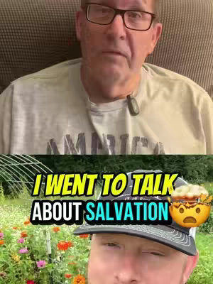 The image is divided horizontally. The top half shows an older man in glasses looking at the camera, wearing a grey shirt with the word 'AMERICA' visible. The bottom half features the top of a person's head wearing a baseball cap with text overlayed on it. The background has flowers and greenery.