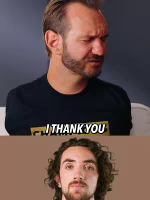 The cover image is split into two sections. The top half features a man with short blond hair and a beard, gazing downwards with a contemplative expression. Below that, there is another man with long curly brown hair and a beard, looking straight at the viewer. In the middle, a text banner reads 'I THANK YOU'. The background is a gradient from dark gray to a subtle tone.