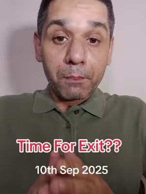 The cover image features a man looking directly at the camera. Text overlays read 'Time For Exit??' in red and '10th Sep 2025' in white at the bottom. The man is wearing a green collared shirt against a plain background.