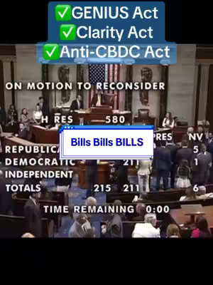 The cover image is a screenshot of a legislative session. The upper portion has three rectangular boxes with green checkmarks and the text 'GENIUS Act', 'Clarity Act', and 'Anti-CBDC Act'. In the middle, text overlays include 'ON MOTION TO RECONSIDER', the number 580, and other text related to votes and representatives. A popup displays 'Bills Bills BILLS'. The background primarily shows the interior of the legislative chamber with people present.