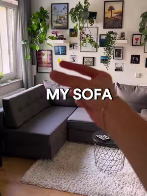A person's hand with extended fingers in front of a gray sofa. The room has a white ceiling, a gallery wall featuring multiple framed pictures, and hanging green plants. A small black side table and white rug are in the foreground..
