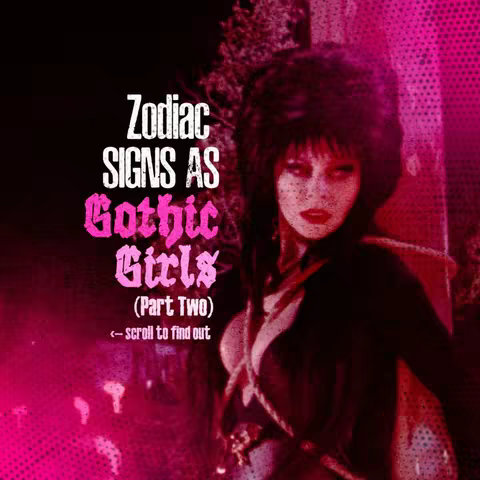 The image features a woman with dark hair and striking makeup. The background has a dark, textured appearance with pink accents. Overlaid on the image is text in a gothic-style font.