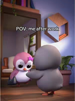 An animated image shows two penguin characters. One is smaller, pink and with a bow. The other is larger and gray, with arms outstretched. The caption 'POV: Me after work' is displayed in the image.