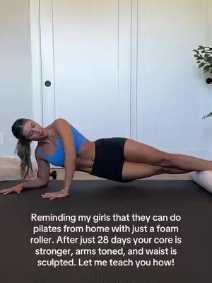 A woman in athletic wear is performing a side plank on a foam roller. The image framed horizontally shows her body at an angle, emphasizing the core workout. Text overlay highlights the benefits of pilates.