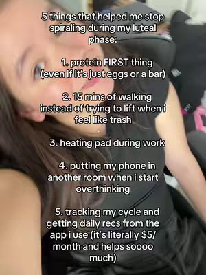 A selfie-style video cover image showing a woman with dark hair from the chest up, angled and slightly blurred. Overlayed text lists self-care tips. The background appears to be a room with a chair.