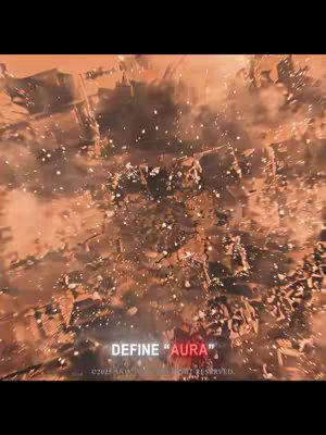 An overhead view of a ruined cityscape. The color palette consists of oranges and browns, suggesting a post-apocalyptic or war-torn setting. The focus of the image is on the devastation below, with buildings appearing to be crumbling or completely destroyed. In the center bottom, there is a text overlay that reads 'DEFINE "AURA"'.
