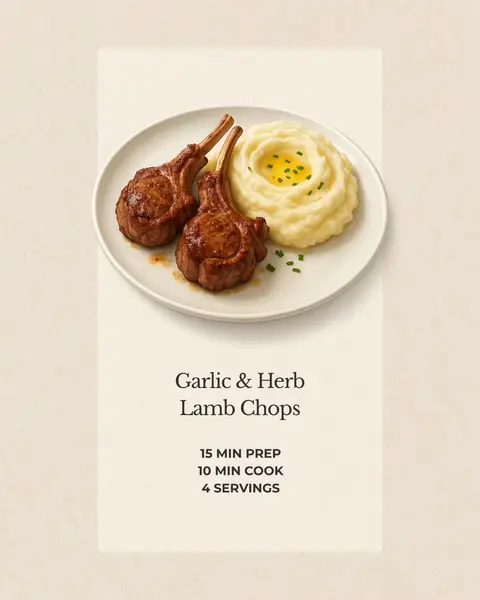 A plate of food, showcasing two lamb chops and a serving of mashed potatoes. The lamb chops are brown and cooked. The mashed potatoes are white, and have a small indent filled with a yellow substance (butter) and garnished with chives. Below the plate is text describing the dish and its cooking time.