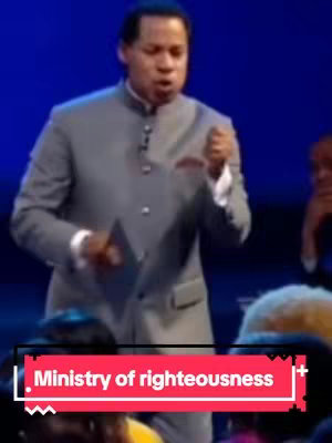 A man in a grey suit is speaking in front of a blue background. Overlay text in a red box says 'Ministry of righteousness'.