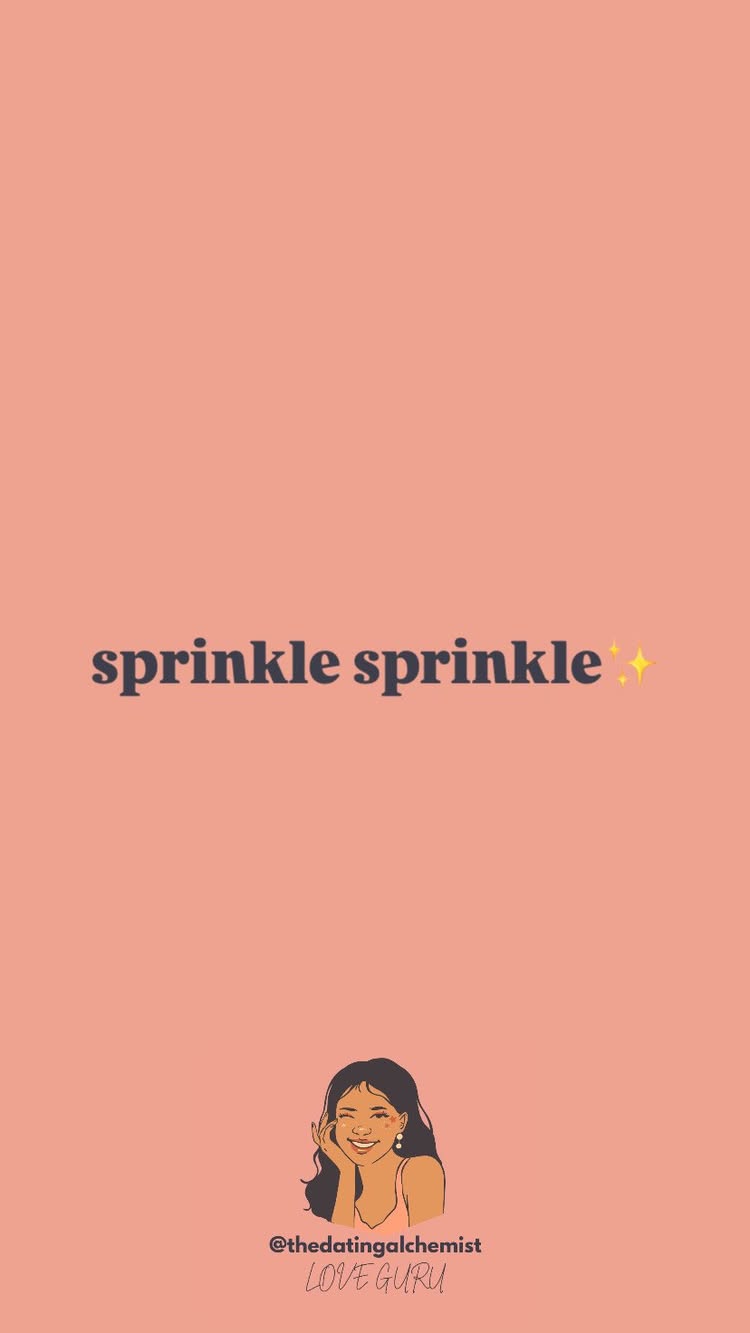 The cover image is a solid peach color background with a stylized illustration of a woman with dark hair and a light skin tone in the bottom corner. She is smiling and has her hand on her cheek. In the center is the text "sprinkle sprinkle" in a dark, bold font with yellow sparkly stars.