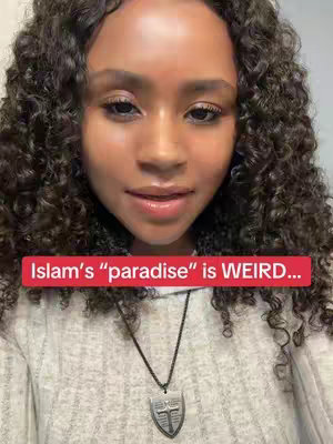 A young woman with curly dark hair looking at the camera. She is wearing a light outfit and a necklace with a pendant. Overlayed on the image is a red bar with white text.