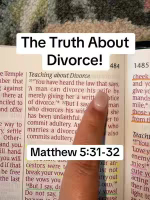 A close-up shot of an open Bible. The text is highlighted, with a hand pointing to a passage, and text overlays. The background is a blurred view of pages.
