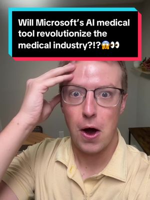 A selfie-style shot featuring a man with short, blonde hair and glasses gazing directly at the camera with wide eyes, his mouth slightly open in surprise. He's wearing a yellow shirt and holding his right hand up to his forehead and the background is a blurred home setting. A text overlay in a rectangular box at the top says, 'Will Microsoft's AI medical tool revolutionize the medical industry?!?!?'.