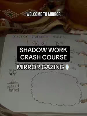 A vertically oriented shot focusing on a notebook with handwritten notes. The title 'SHADOW WORK CRASH COURSE' is prominently displayed within a black box. A 'WELCOME TO MIRROR' banner is at the top. Below, a visual depicting mirror gazing and related themes appears.