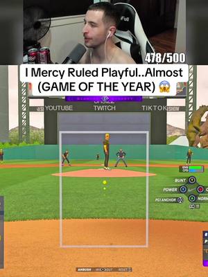The cover image is a vertical split. Above, a man is seated in a gaming chair with a microphone in front of him, and canned drinks are visible. Below, a baseball game screen shows a baseball field with players.