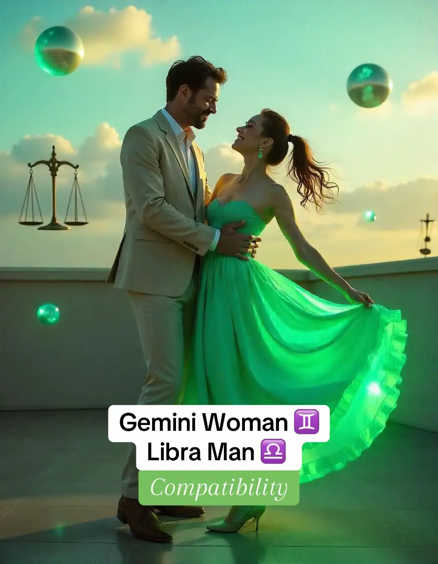 A digital illustration shows a couple, a man and woman, embracing with a sunset background. The man is wearing a light beige suit and the woman is in a flowing green gown. Floating green orbs and a scale, sign for Libra, and sign for Gemini add to the astrology theme.