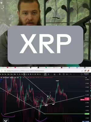 The cover image shows a man in the center, set against a blurred indoor background of a window and other items. Overlaid is a gray rectangle with the white text 'XRP'. The bottom half of the image is the screen of a device, showing a detailed chart with pink and green lines, with axes. A few lines are drawn on chart. The man is looking at the viewer.