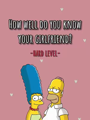A cover image featuring a pink background with cartoon illustrations of Marge and Homer Simpson. The main heading is in bold white text within a black outline with "HOW WELL DO YOU KNOW YOUR GIRLFRIEND?". Below this is the text "-HARD LEVEL-" in red. Small white hearts are scattered across the background.