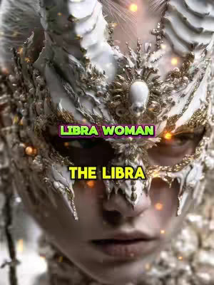 A close-up image of a woman wearing an ornate, white and gold mask. The mask covers the face with intricate designs and embellishments. Text overlays include "LIBRA WOMAN" and "THE LIBRA" in vibrant colors against the intricate background.