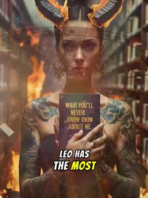 A woman with tattoos on her arms poses in a library-like setting, holding a book with text that states, 'WHAT YOU'LL NEVER KNOW ABOUT ME.'. Fire and flames are in the background. The hook text 'LEO HAS THE MOST' appears at the bottom.
