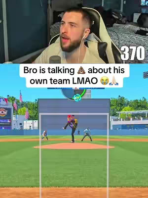 The image is vertically oriented and split into two sections. The upper portion shows a man in a room with a microphone headset. The lower portion depicts a baseball game screenshot with two superimposed text boxes.